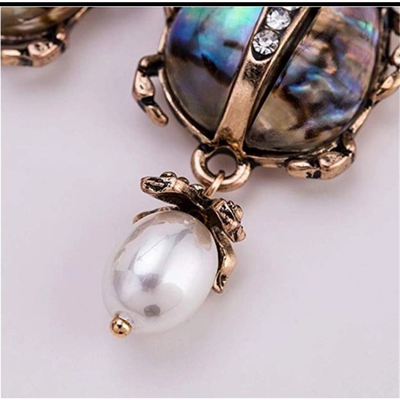 Statement Beetle Drop Earrings Abalone Shell, Pearl & Crystal Insect Jewelry - Picture 4 of 4